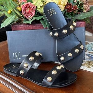 INC Galli Ball-Stud Slide Sandals Black Double Strap Shiny Gold Tone Studded
